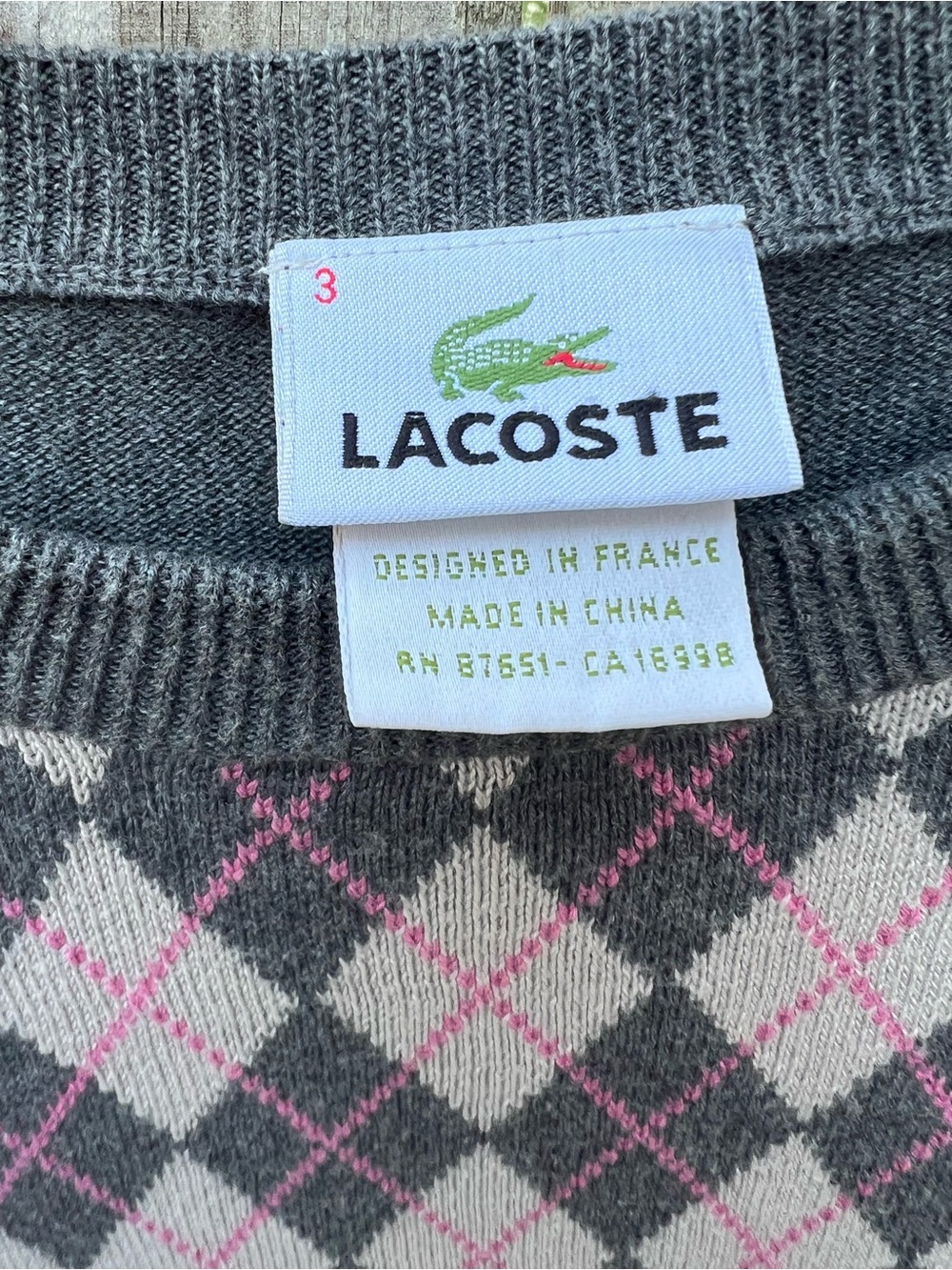 Lacoste Gray and Pink Argyle Crewneck Sweater - Picture 7 of 9